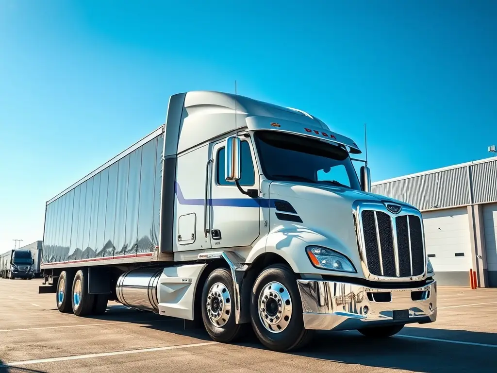 A modern box truck with the E&N Logistics logo on a highway outside Las Vegas, Nevada, with a clear blue sky in the background, symbolizing reliable freight transportation services.