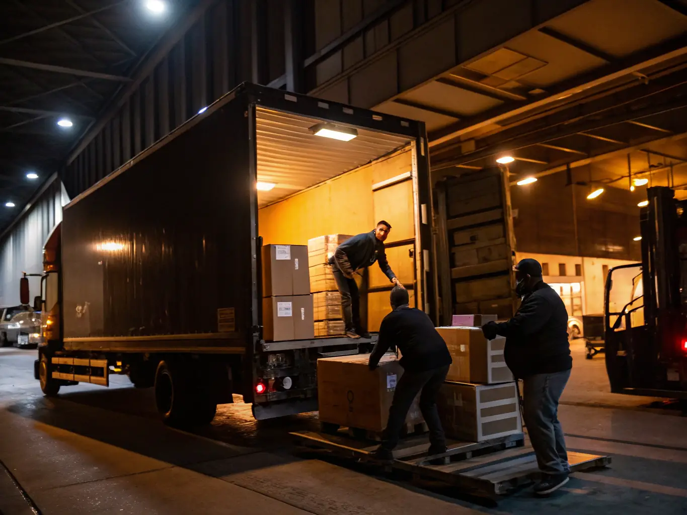 A clean, well-maintained box truck is being loaded with various packages and boxes, showcasing the efficiency and versatility of box truck freight delivery services.