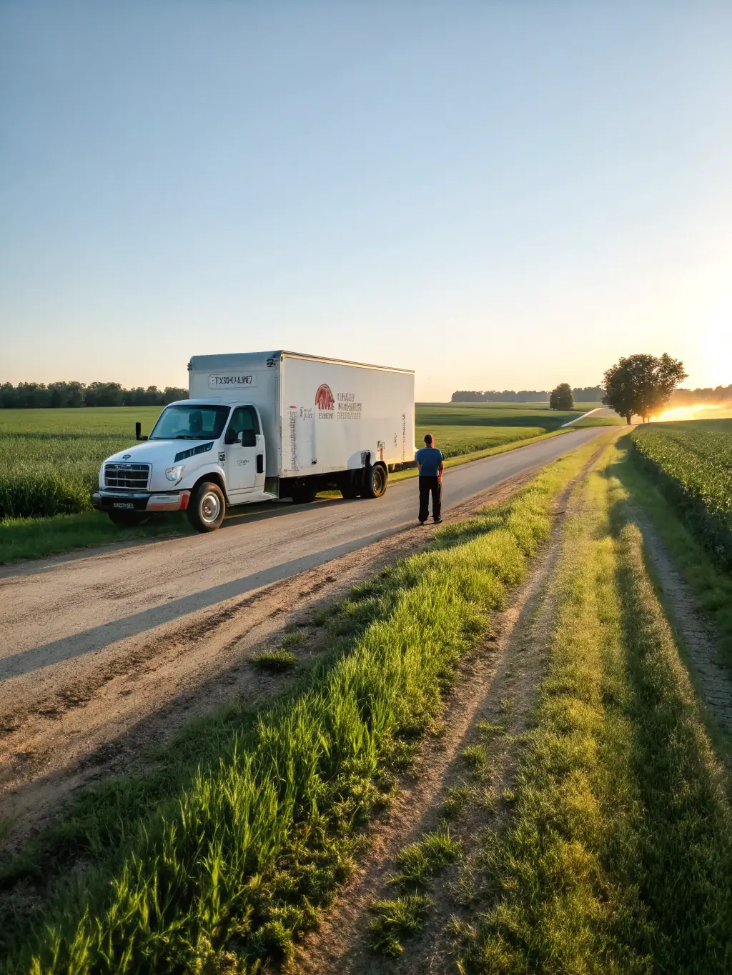A modern box truck with the E&N Logistics logo parked in front of a warehouse at dawn, symbolizing dependable early morning service.